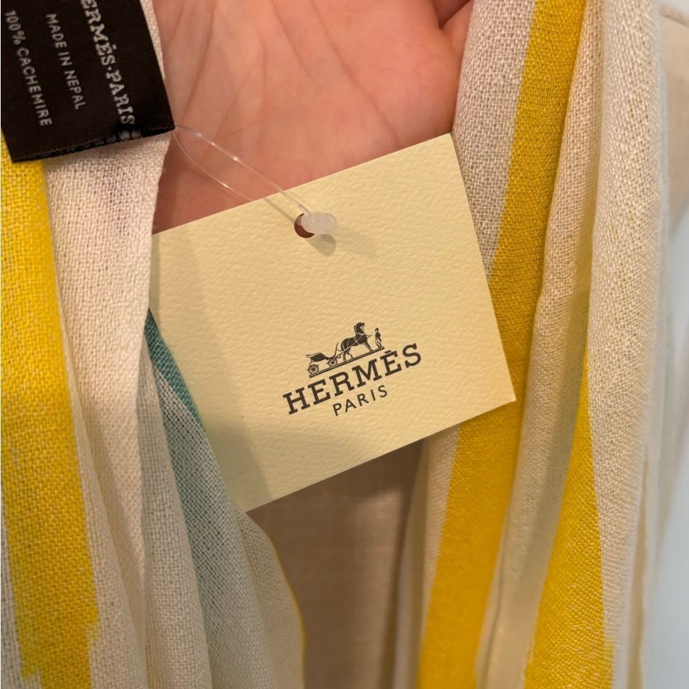 NWT Hermes Yellow and Green cashmere bamboo striped Scarf - Picture 7 of 9